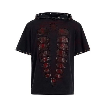 Black hooded short-sleeved men's T-shirt with sequin detailing on a loose fit.