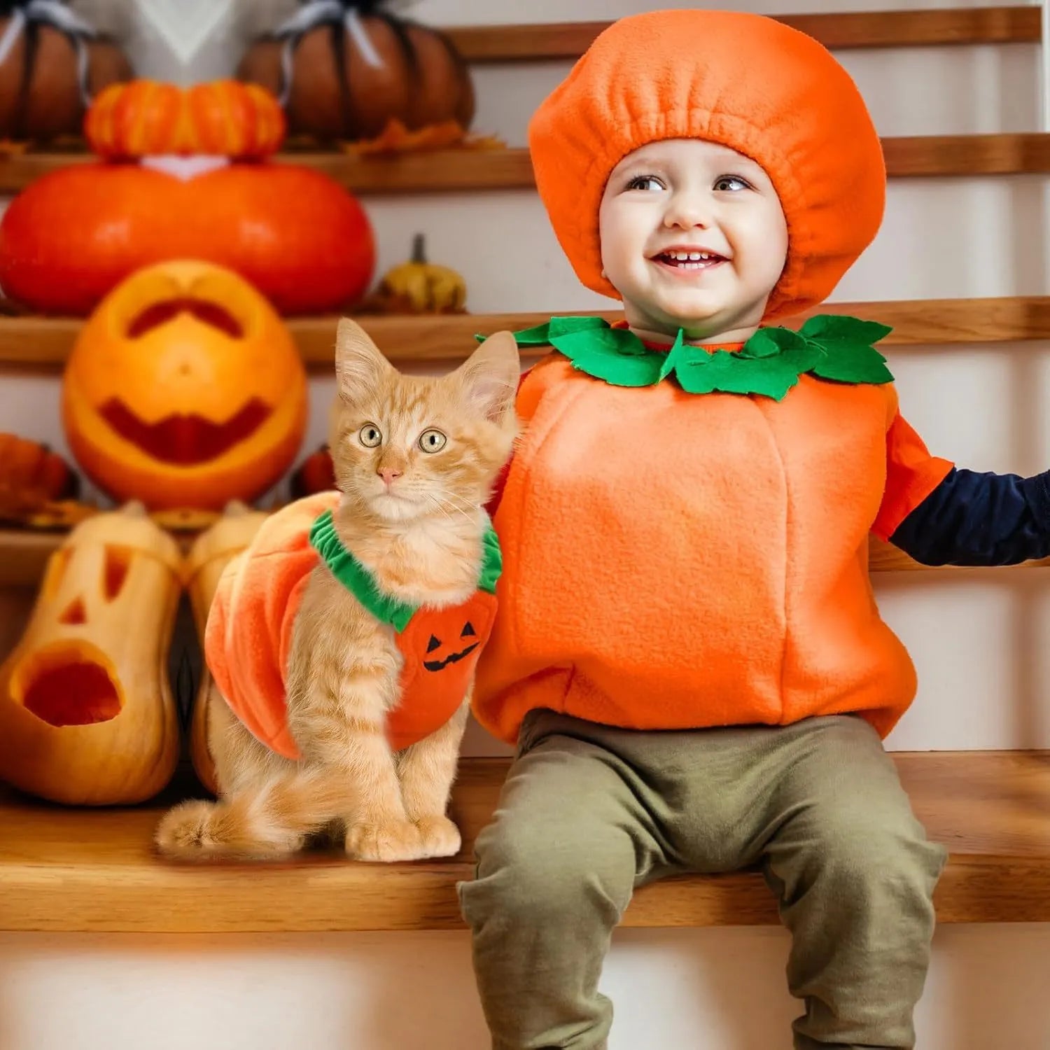 Orange plush pumpkin costume on small dog with pullover design and soft lining