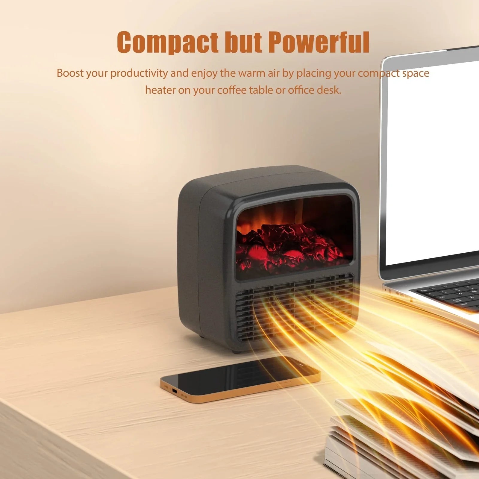 Compact black electric desktop heater with ceramic heating technology and mechanical controls for winter warmth