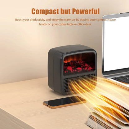 Compact black electric desktop heater with ceramic heating technology and mechanical controls for winter warmth