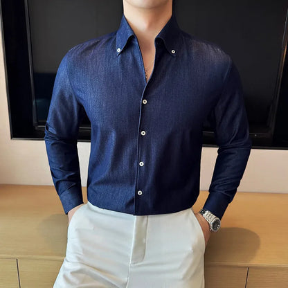 Men's slim fit long-sleeved denim shirt in black, shown on a model.