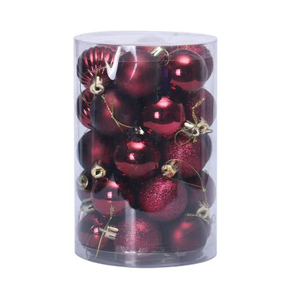 Assortment of 34 round 4cm plastic Christmas baubles in gold, silver, red, blue, and other colours.