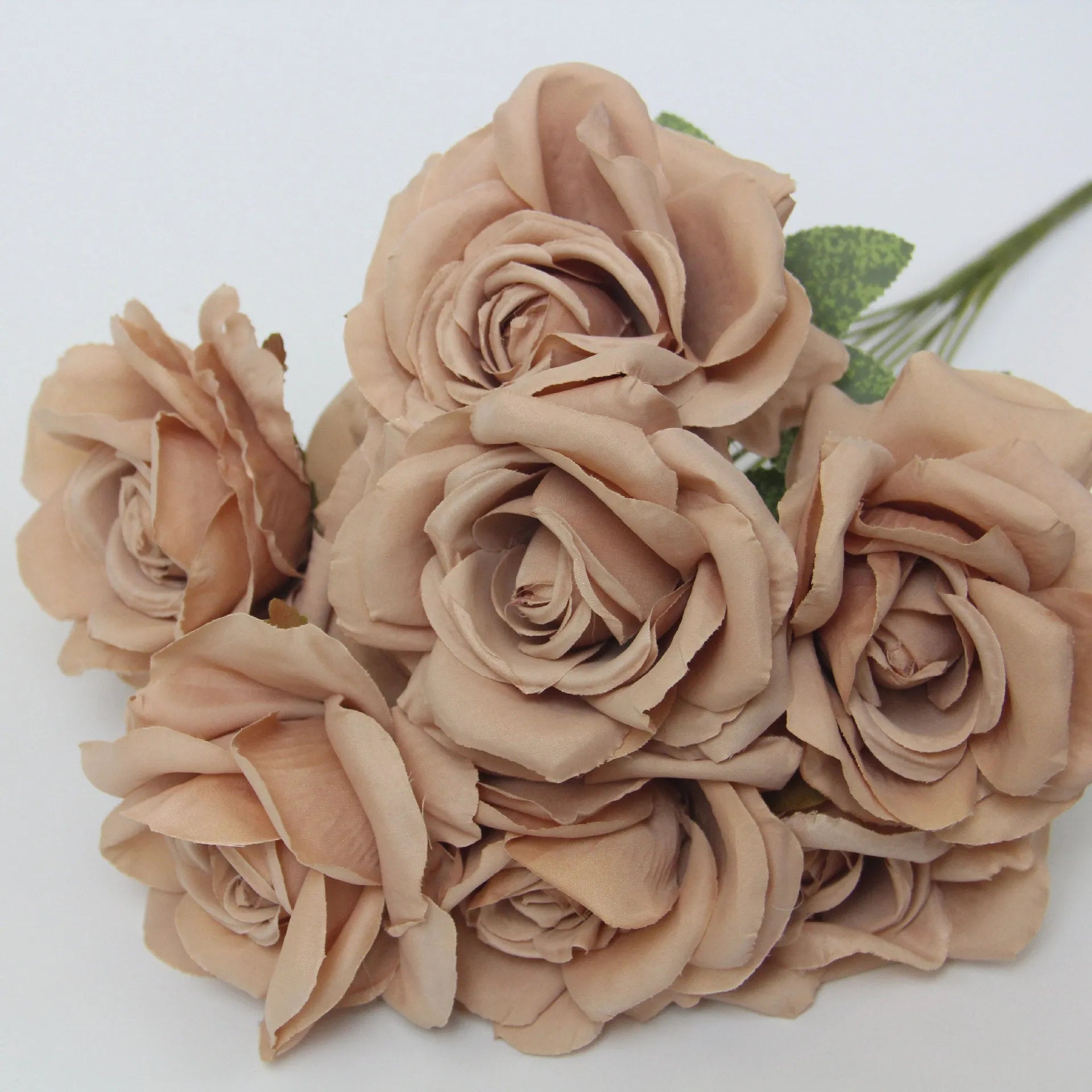 Artificial silk rose flower bouquet with ten rose heads, 53cm tall, in brown colour option.