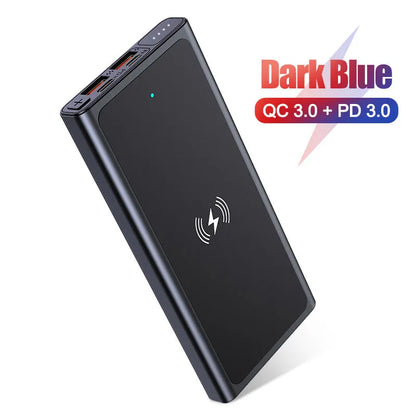 Black and blue alloy 10000mAh power bank with wireless charging surface and integrated plug.