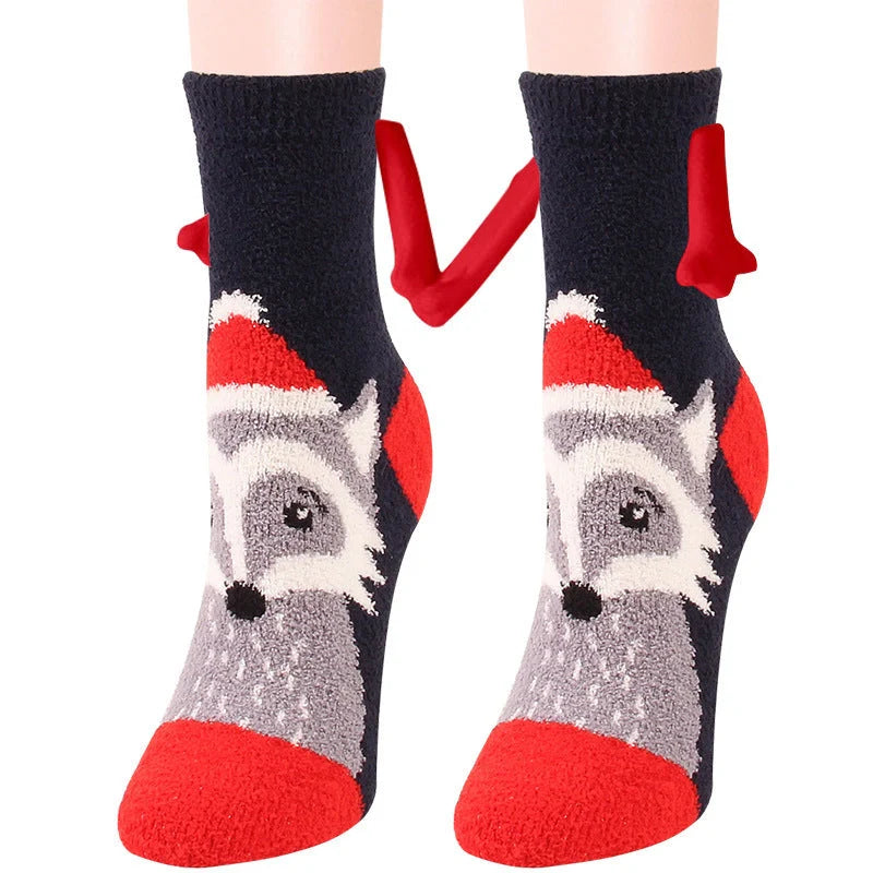 Christmas couple socks with magnetic suction feature for hand holding, in various animal patterns