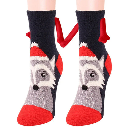 Christmas couple socks with magnetic suction feature for hand holding, in various animal patterns