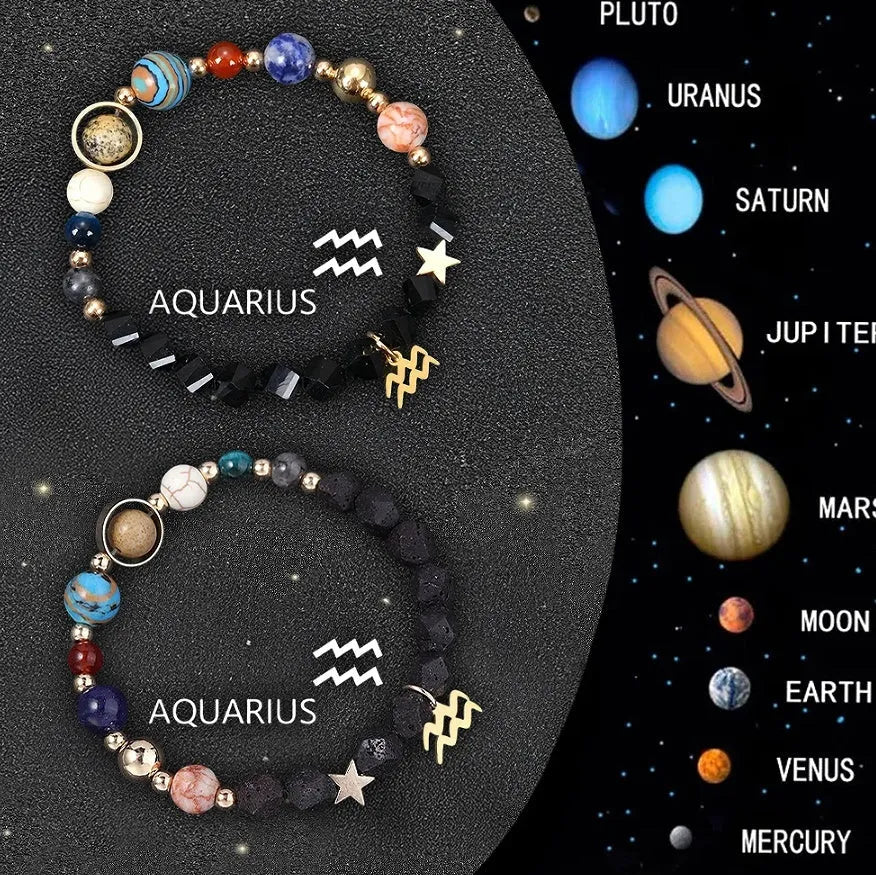 Two natural stone zodiac sign bracelets with adjustable cords showing hand-strung bead designs