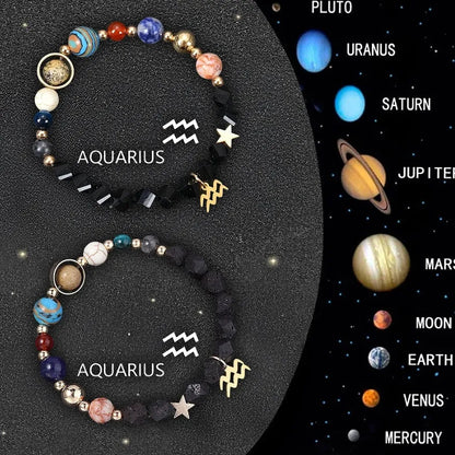 Two natural stone zodiac sign bracelets with adjustable cords showing hand-strung bead designs