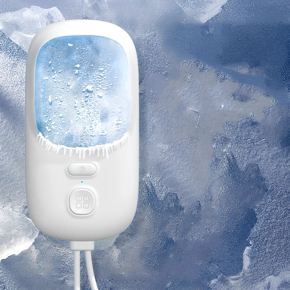 White USB neck fan with flexible band and ice muscle repair function showing 3-speed control