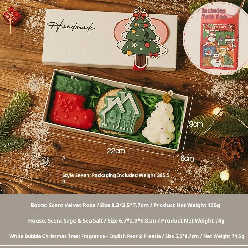 Handmade Christmas scented candle gift set with 9 designs, wooden display pad, and handbag
