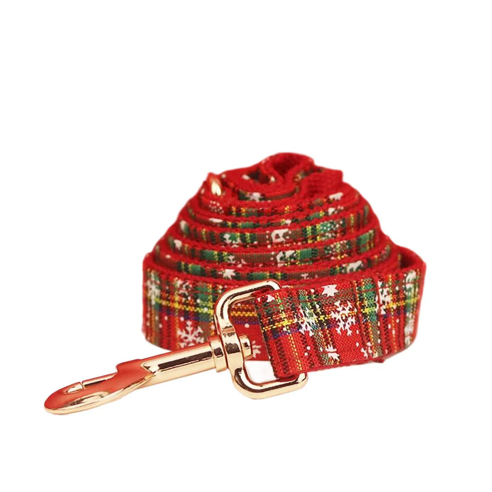 Red Christmas snowflake plaid pattern dog collar and leash set with matching vest and bow tie