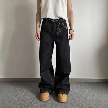 Black retro loose wide-leg jeans with straight-leg design and mid-rise waist
