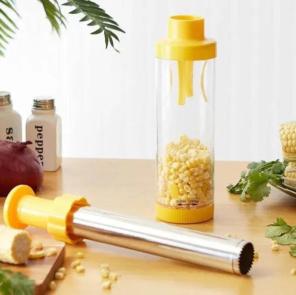 Yellow cylindrical corn stripper kitchen tool with ABS plastic and stainless steel construction
