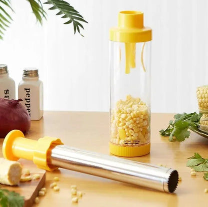 Yellow cylindrical corn stripper kitchen tool with ABS plastic and stainless steel construction