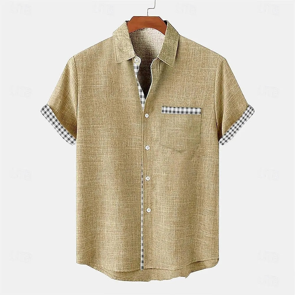 Linen short-sleeve shirt with ocean fish pattern on lapel, loose fit design, shown in one of 12 available colours