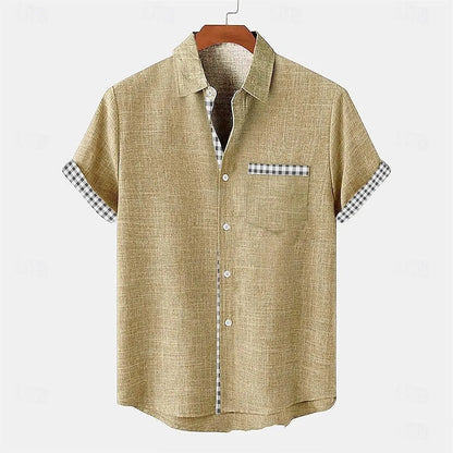 Linen short-sleeve shirt with ocean fish pattern on lapel, loose fit design, shown in one of 12 available colours