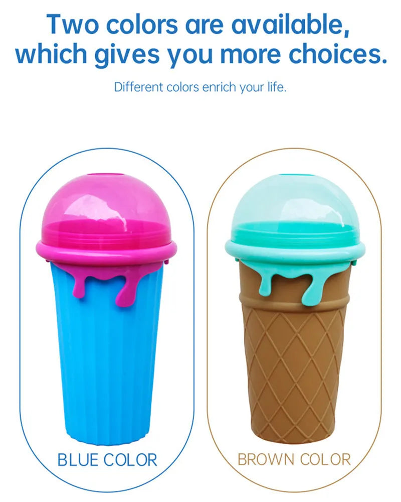 Blue 500ml slushy maker cup with squeeze bottle design for quick-frozen smoothies and homemade ice cream