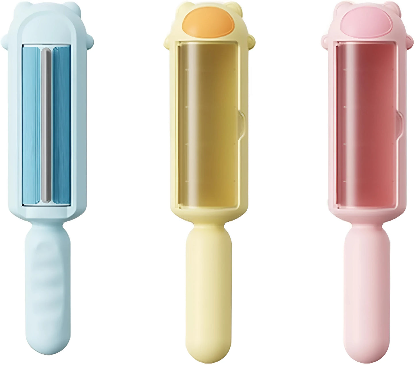 Pet hair remover tool in blue, pink, or yellow with self-cleaning base for removing dog and cat fur from furniture