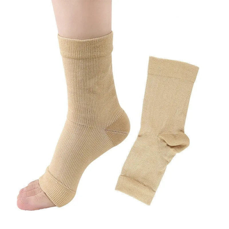 Korean-style sports compression socks in black, white, skin colour, and copper colours with short tube design