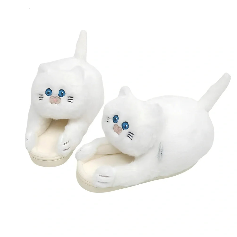 Blue cat pattern cotton slippers with 1.5cm heel and non-slip soles for UK sizes 35-43