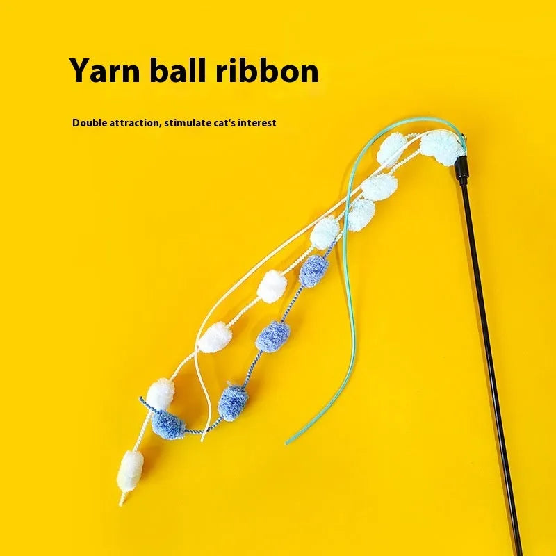 Rainbow cotton candy cat teaser wand with bell and 95cm aluminium alloy rod in blue pink, orange green, and light pink yellow colour options