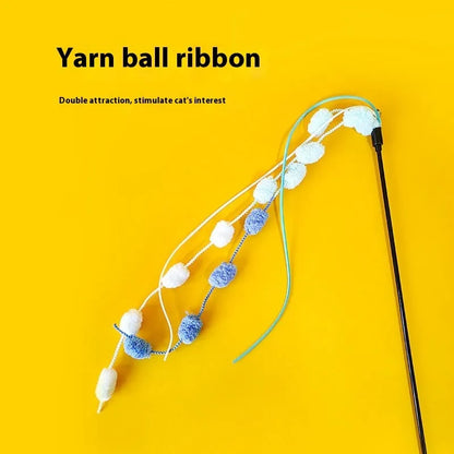 Rainbow cotton candy cat teaser wand with bell and 95cm aluminium alloy rod in blue pink, orange green, and light pink yellow colour options