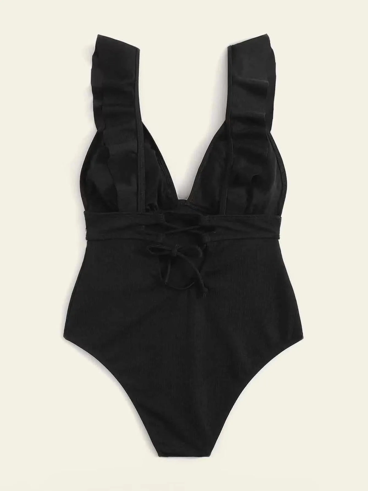 Women's black one-piece swimsuit with ruffled shoulder straps and lace back detail.