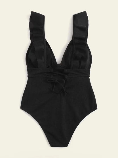 Women's black one-piece swimsuit with ruffled shoulder straps and lace back detail.