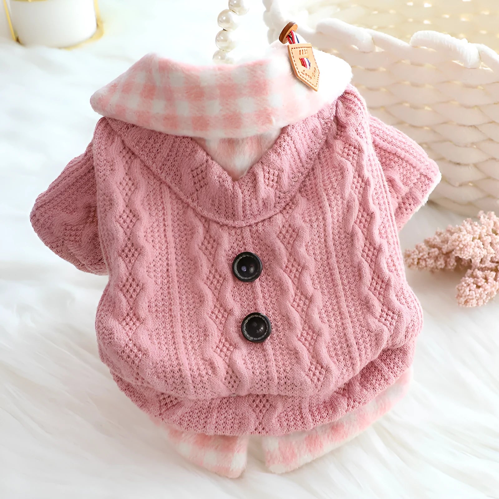 Blue wool plaid dog sweater with fleece lining showing fake two-piece design on model dog