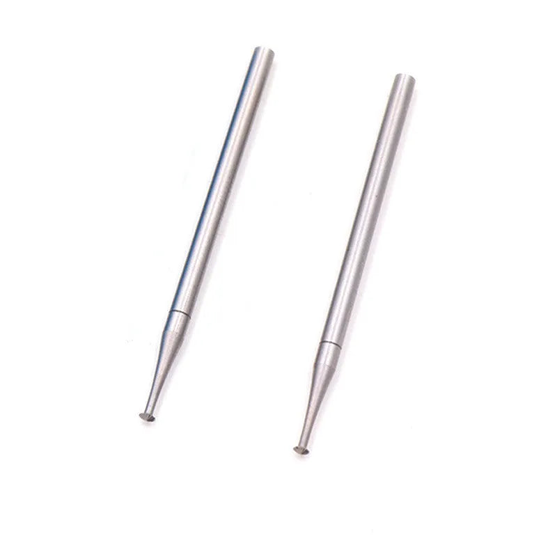 Blue box containing six tungsten steel carving milling cutter grinding heads with thin disc needle shapes and 2.35mm mandrels.