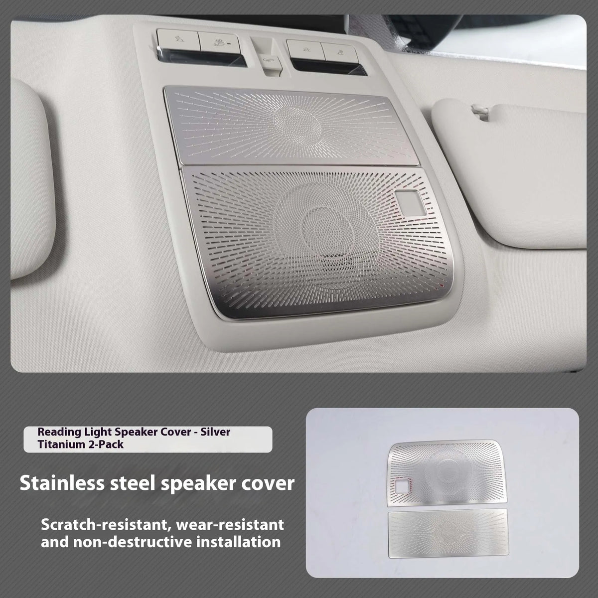 Stainless steel horn cover for Mazda CX50 with adhesive backing, shown in Black Titanium or Silver Titanium finish