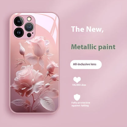 Blooming rose glass painted phone case in red with tempered glass and all-inclusive fit for iPhone 12-15 models
