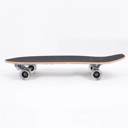White street scooter with a long 31-inch maple wood deck and black wheels on pavement.