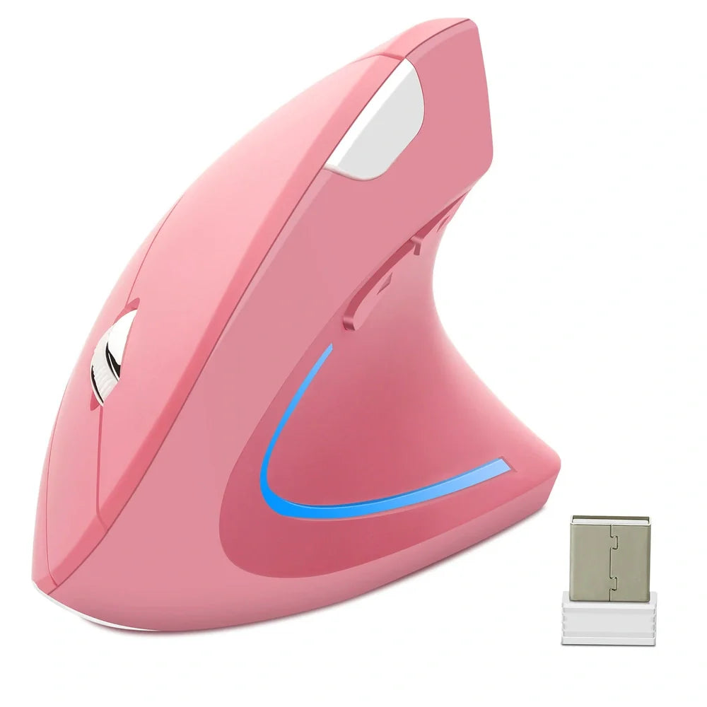 Pink vertical wireless office mouse with ergonomic grip, 1600 DPI sensor, and USB receiver for desktop use