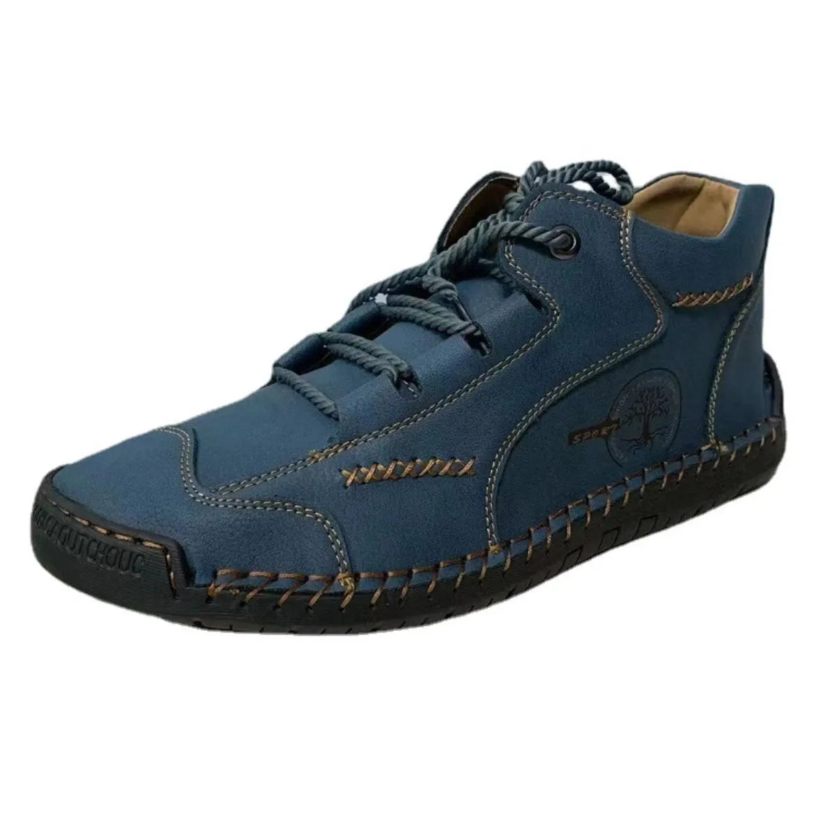 Men's brown leather mid-top boots with front lace-up and rubber sole
