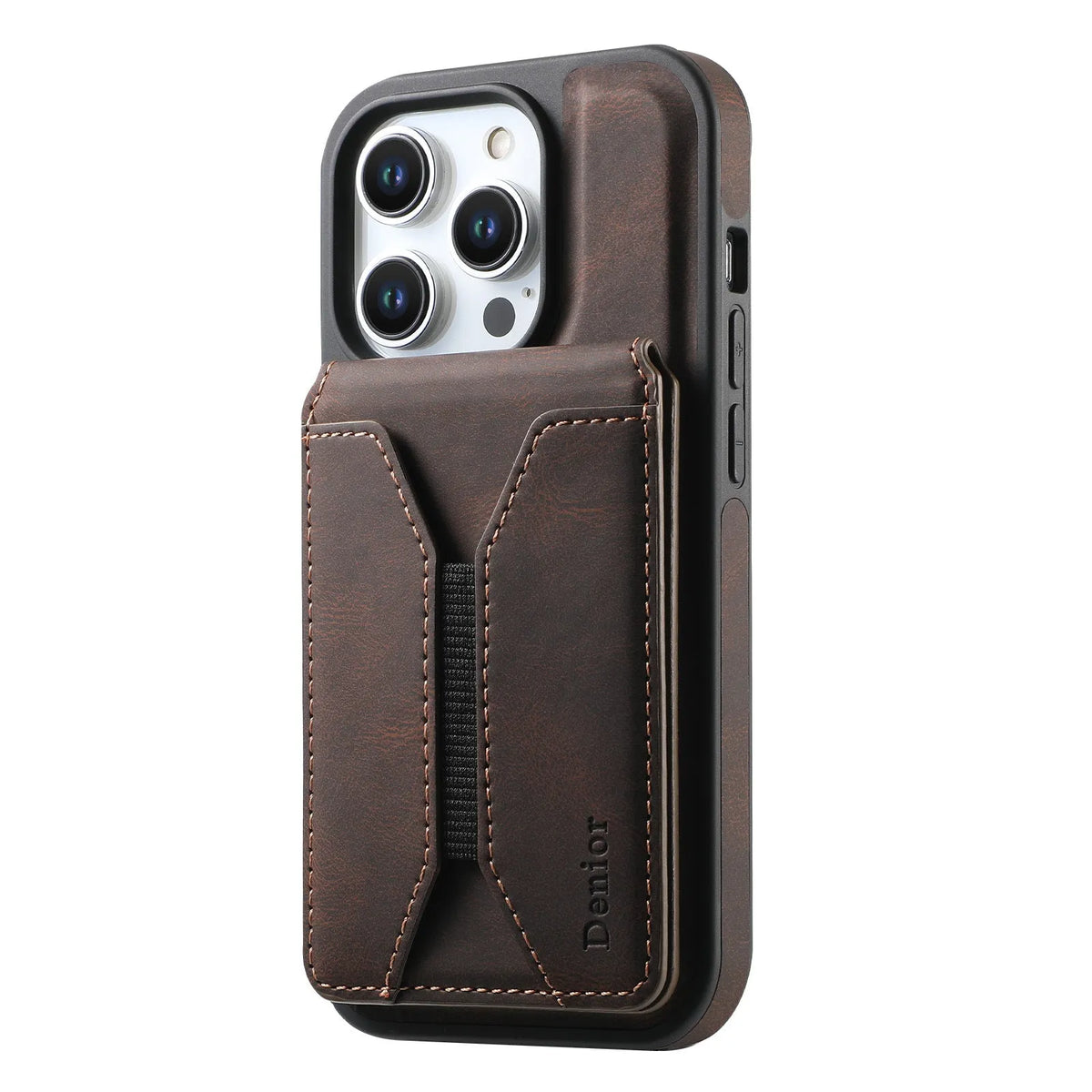 Magnetic iPhone case with rotating bracket and card pack in blue, brown, or black imitation leather.