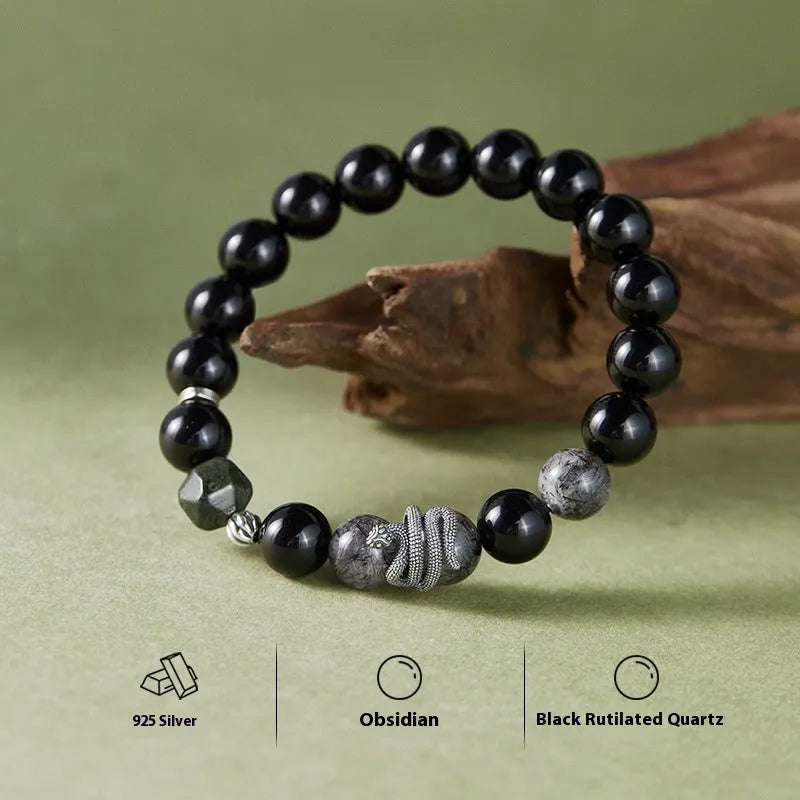Men's black S925 sterling silver bracelet with obsidian crystal and snake zodiac design