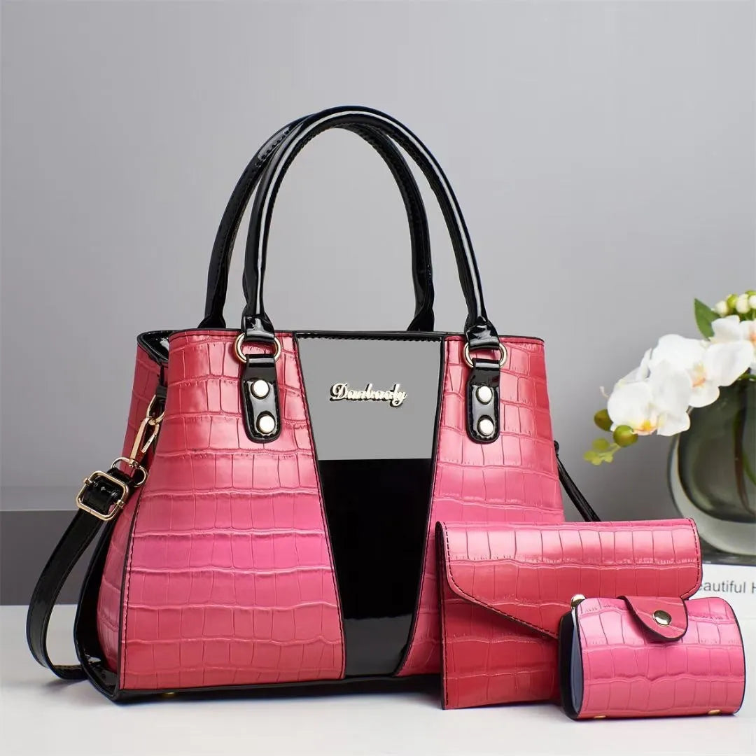 Women's three-piece crocodile stitch shoulder bag set in PU leather, showing main bag, small bag, and card holder.