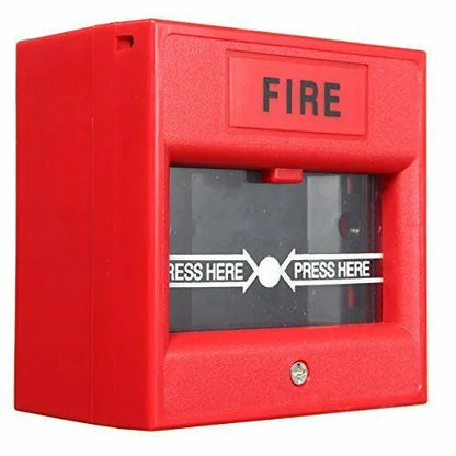 Red 24VDC wired emergency fire alarm button with hand breaking glass and fireproof material construction.