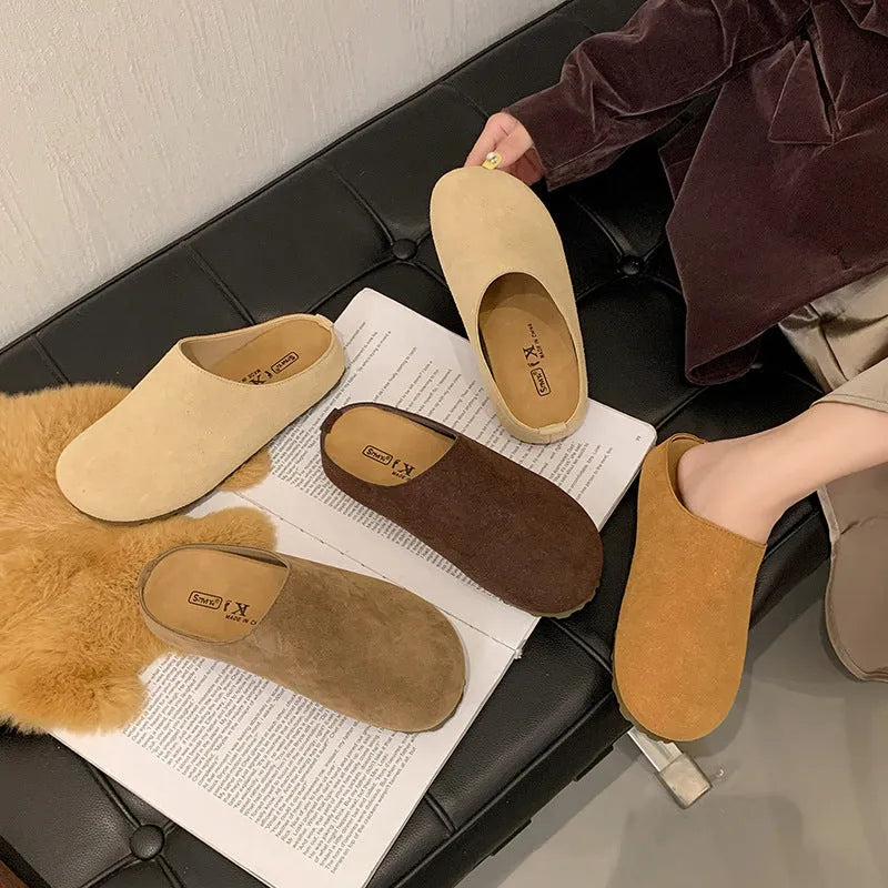 Korean-style flat outdoor slippers in apricot colour with square toe design and slip-on style