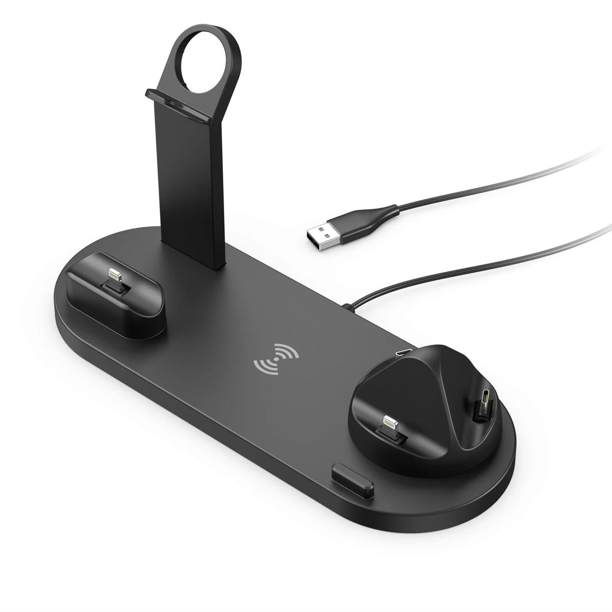 Black universal mobile phone and smartwatch charging stand with wireless pad on desk