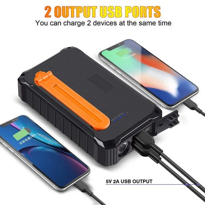 Orange and green portable solar power bank with hand crank, solar panel, and dual USB ports
