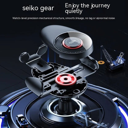 Black car mobile phone bracket mounted on vehicle air vent with adjustable phone grip mechanism