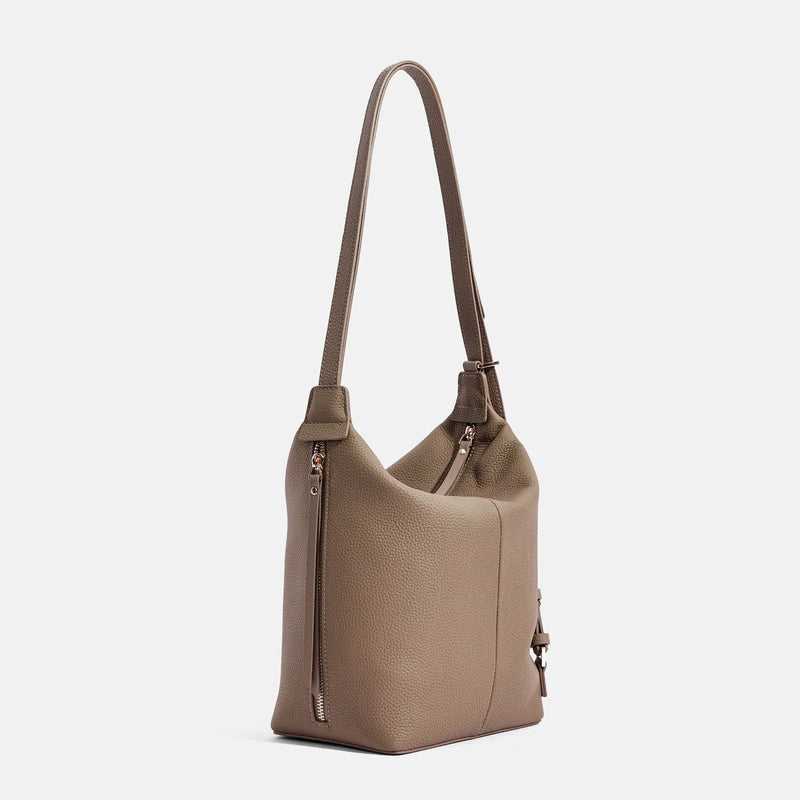 Women's Casual Cowhide Large-capacity Bucket Bag in Soft Genuine Leather available in Elephant Gray, Black and Beige for a practical and versatile everyday shoulder bag style