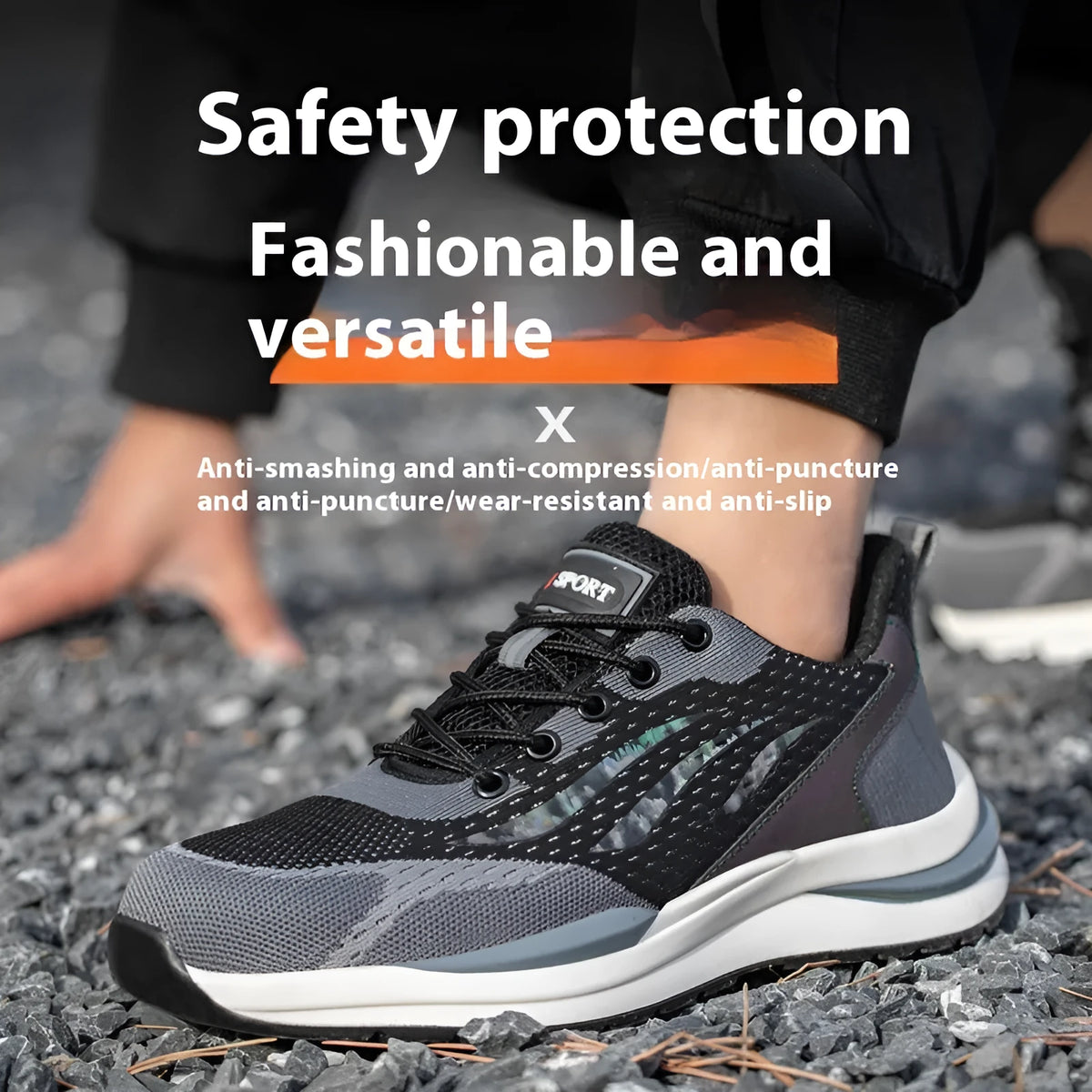 Men's black grey electrician safety shoes with plastic toe cap and low-top design