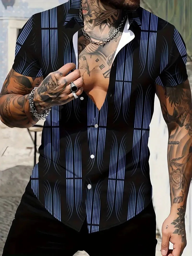 Men's geometric line printed short sleeve shirt with lapel collar in slim fit styling