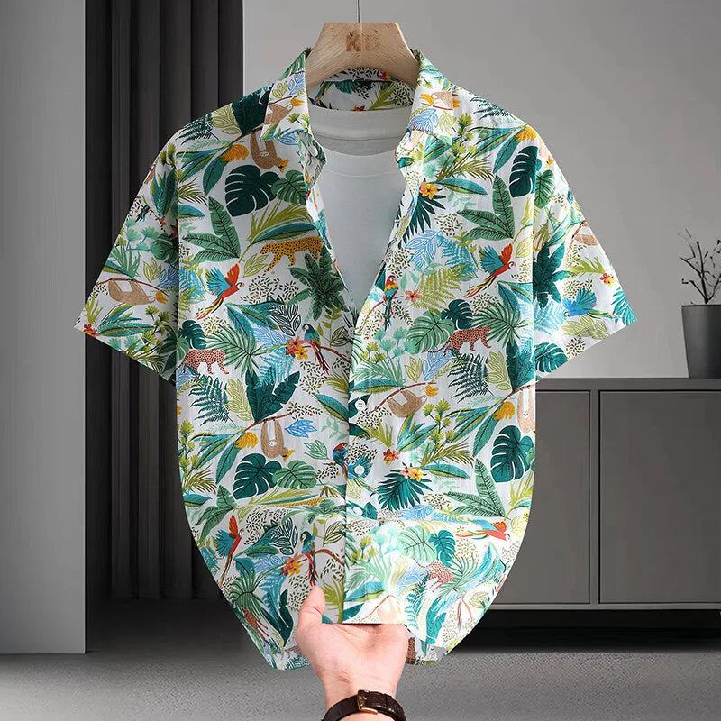 Men's Hawaiian floral print short sleeve cotton shirt in cardigan style