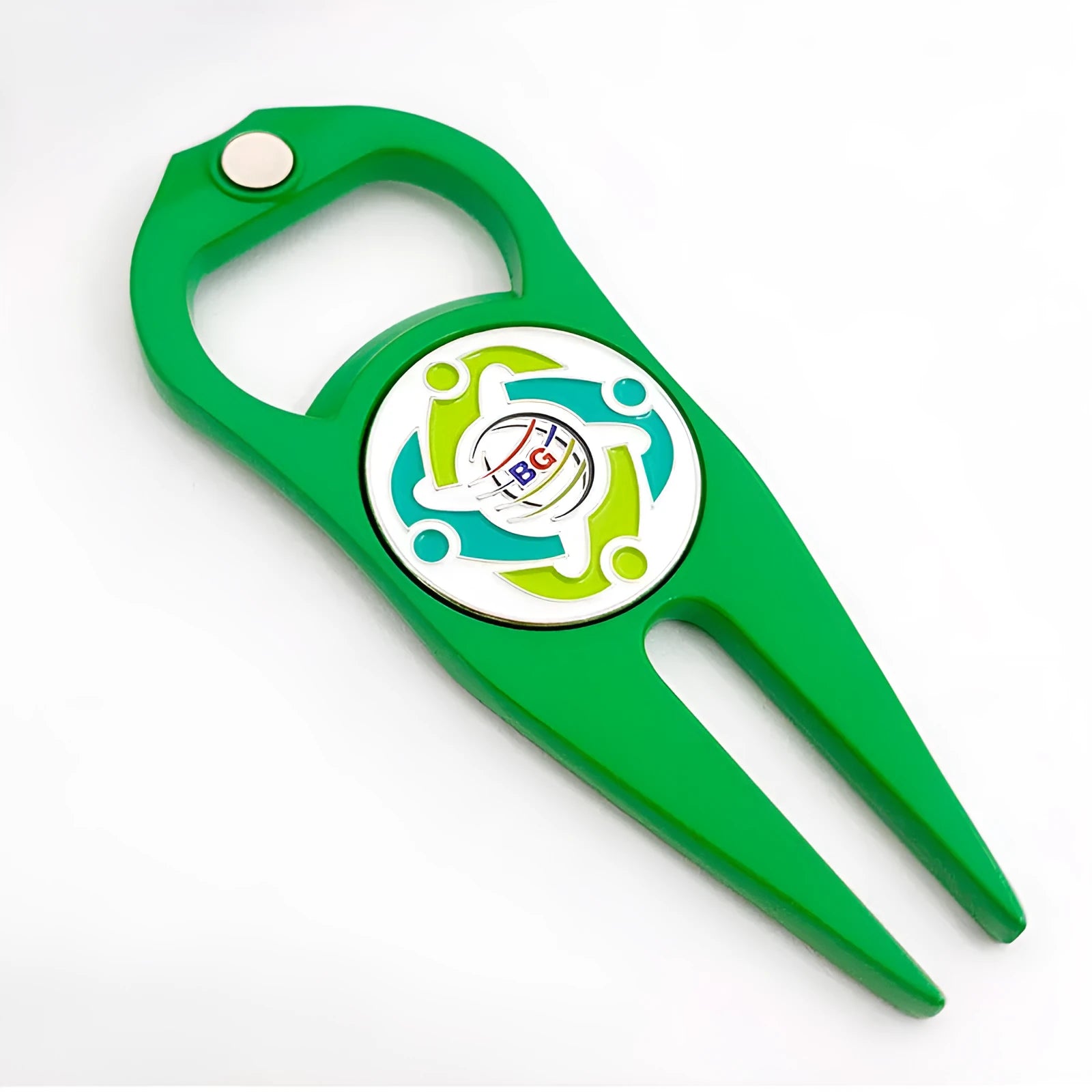 Black zinc alloy golf ball fork and bottle opener tool on a putting green.