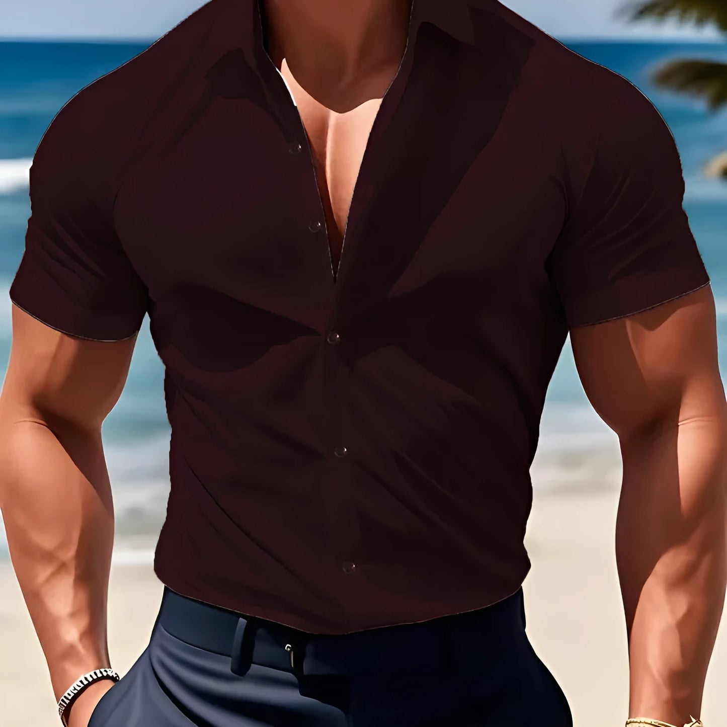Men's short sleeve printed shirt with collar in brown, available in sizes S to 5XL