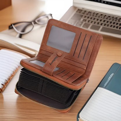 Women's black PU leather zip coin purse wallet with integrated card slots lying flat.